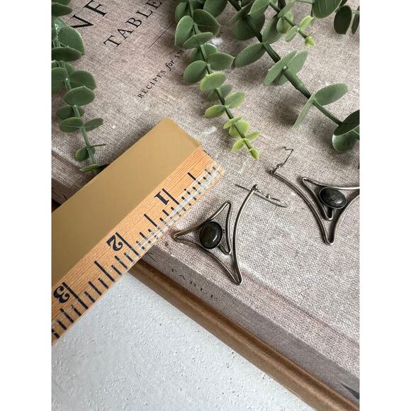 Silver Triangle Dangle Earrings Faux Black Onyx Stone | Geometric Boho Jewelry - Picture 2 of 5